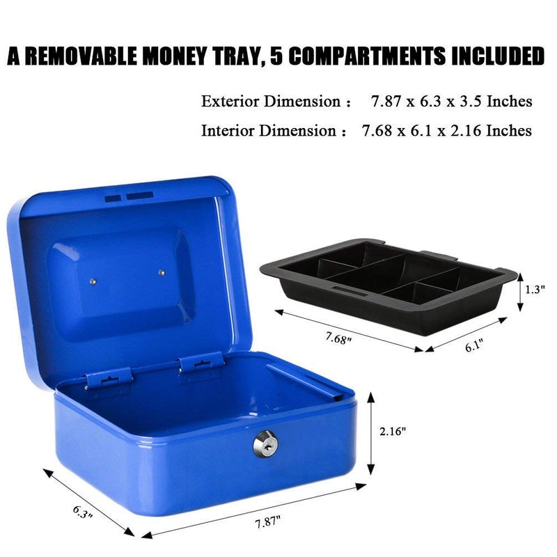 Jssmst Locking Medium Steel Cash Box with Money Tray,Lock Box,Blue - Image 3